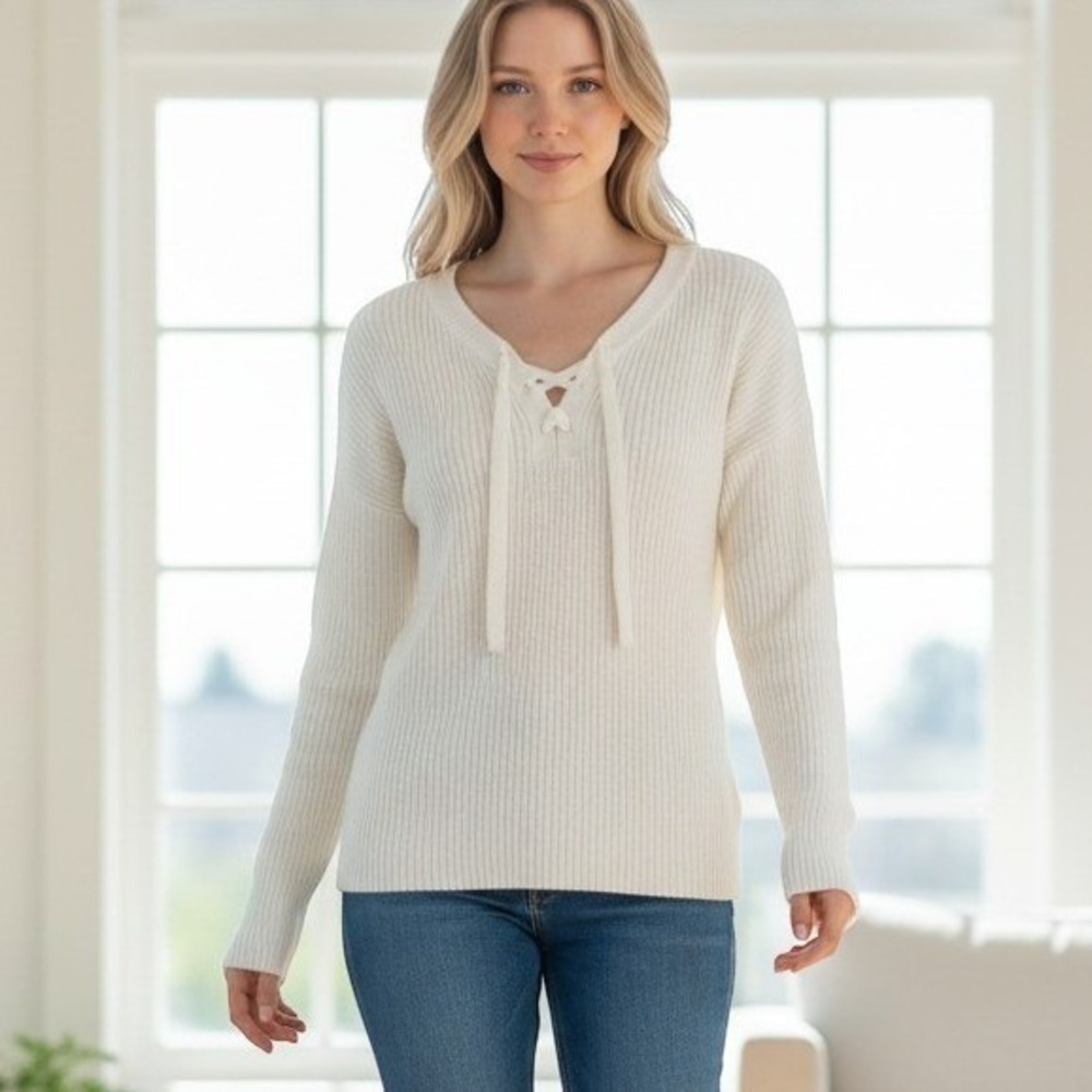 Gap Lace Up Sweater Women Medium Ivory Excellent Ribbed Cotton Long Sleeve